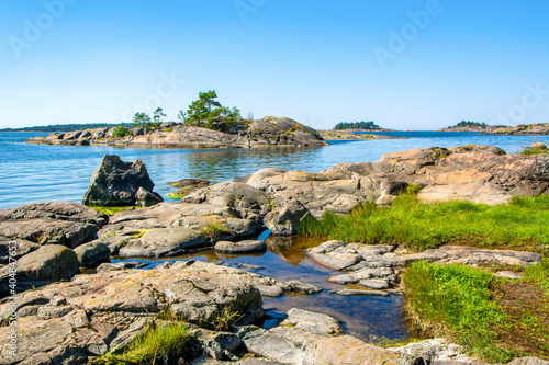 The rocky view of Porkkalanniemi and view to the Gulf of Finland and island, Finland