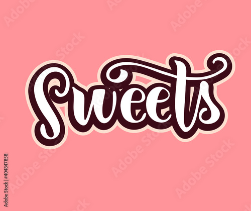 Sweet, isolated sticker, calligraphy lettering, word design template, vector illustration. Calligraphic inscription. Hand drawn lettering print. Apparel, t-shirt, bag, sticker, poster, card design