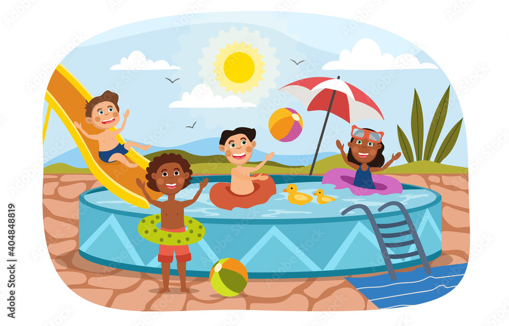 Group of diverse young kids playing in a pool together on a hot summer day with ball, umbrella and slide, colored vector illustration