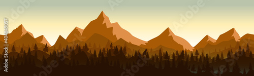 Landscape with high mountains and coniferous forest in multiple layers