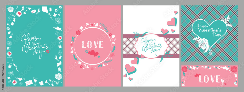 Valentine's Day cards. Love icons on pink and blue background. Banner for Valentine's Day. Vector illustration - obrazy, fototapety, plakaty 