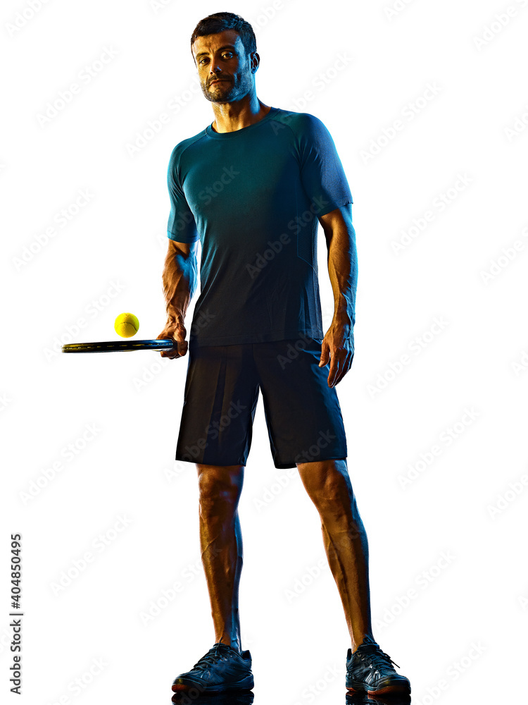 Fototapeta premium one caucasian mature man Tennis Player shadow silhouette in studio isolated on white background