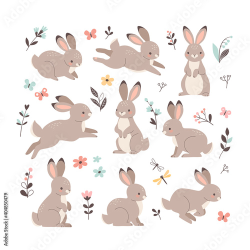 Rabbits collection. Vector illustration of cute cartoon brown bunny in different poses and actions: sitting, jumping laying. Isolated on white photo