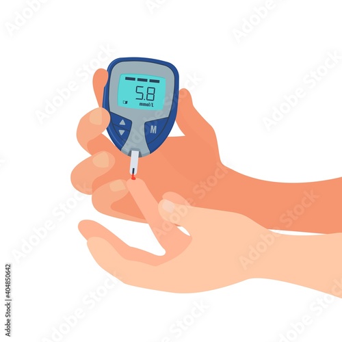 Person do glucose test. Measuring sugar in blood concept. Vector