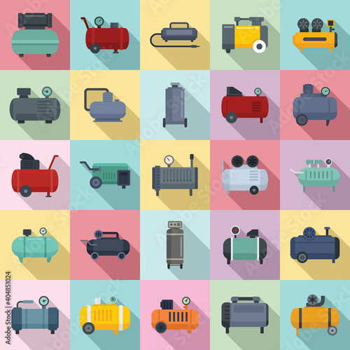 Air compressor icons set. Flat set of air compressor vector icons for web design