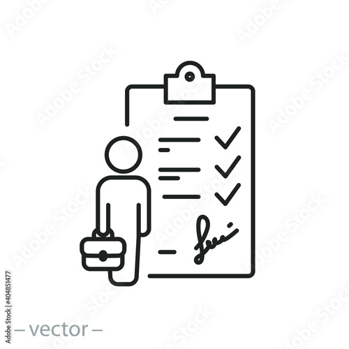 contract work icon, legal agreement, paper document with signature, business partner treaty, thin line symbol on white background - editable stroke vector illustration eps10