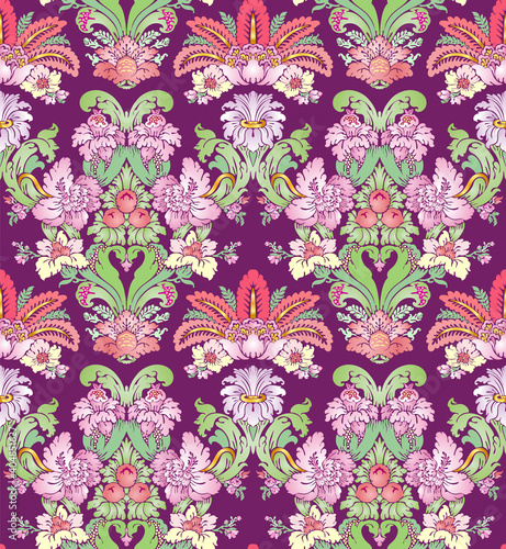 Seamless victorian floral luxurious tileable vector pattern. Rococo or baroque classic textile ornament in lilac, pink, rose and light blue colors.