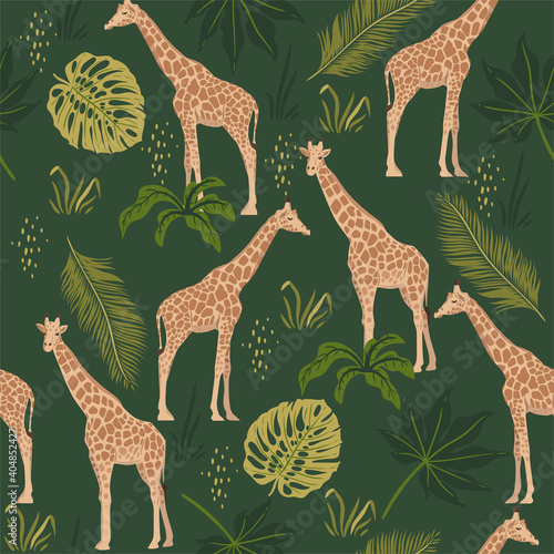 Canvas Print Seamless pattern with giraffes and tropical leaves