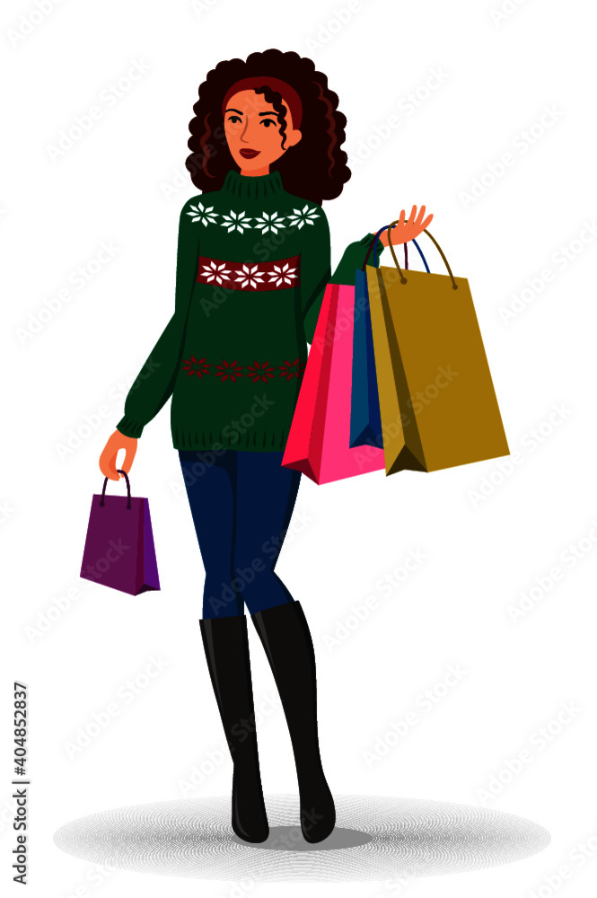 Beautiful young girl in sweater with shopping on white background