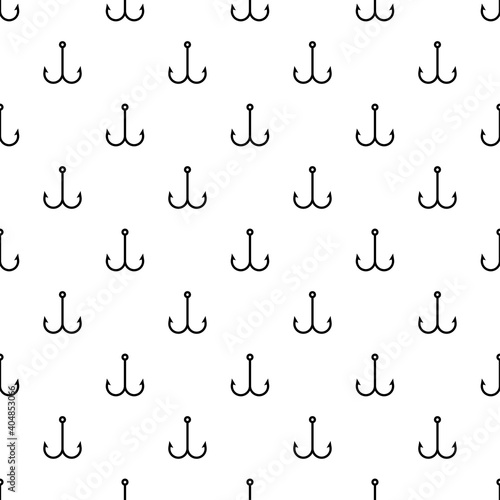 Black double fishing hooks isolated on white background. Monochrome seamless pattern. Vector flat graphic illustration. Texture.