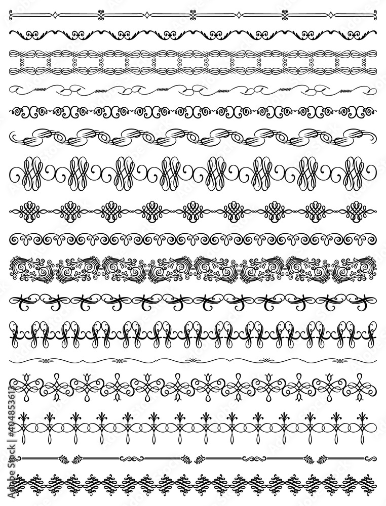 Set of 17 repeatable vintage vector borders, floral ornate classic baroque, rococo or victorian style ornaments in monochrome black and white colors.