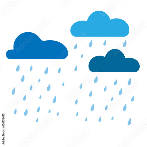 Three clouds with raindrops on white background isolated. Raining day. Seasonal.