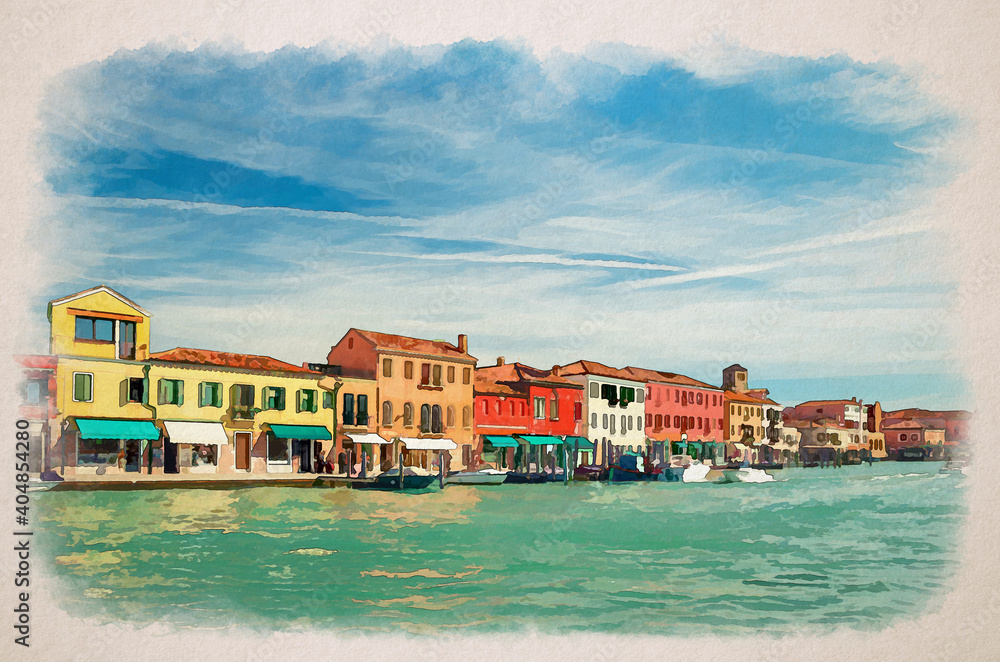 Watercolor drawing of Murano islands water canal, boats and motor boats, row of colorful traditional buildings, Venetian Lagoon, Province of Venice