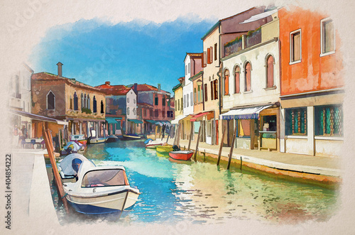 Watercolor drawing of Murano islands with water canal, boats and motor boats, colorful traditional buildings, Venetian Lagoon, Italy