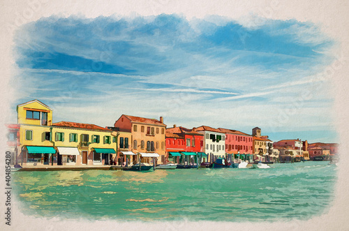 Watercolor drawing of Murano islands water canal  boats and motor boats  row of colorful traditional buildings  Venetian Lagoon  Province of Venice