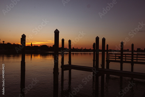 Channel in Treasure Island, Florida with sunrise over the docks