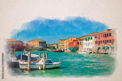 Watercolor drawing of Murano islands with bridge across water canal, boats and motor boats, colorful traditional buildings, Venetian Lagoon