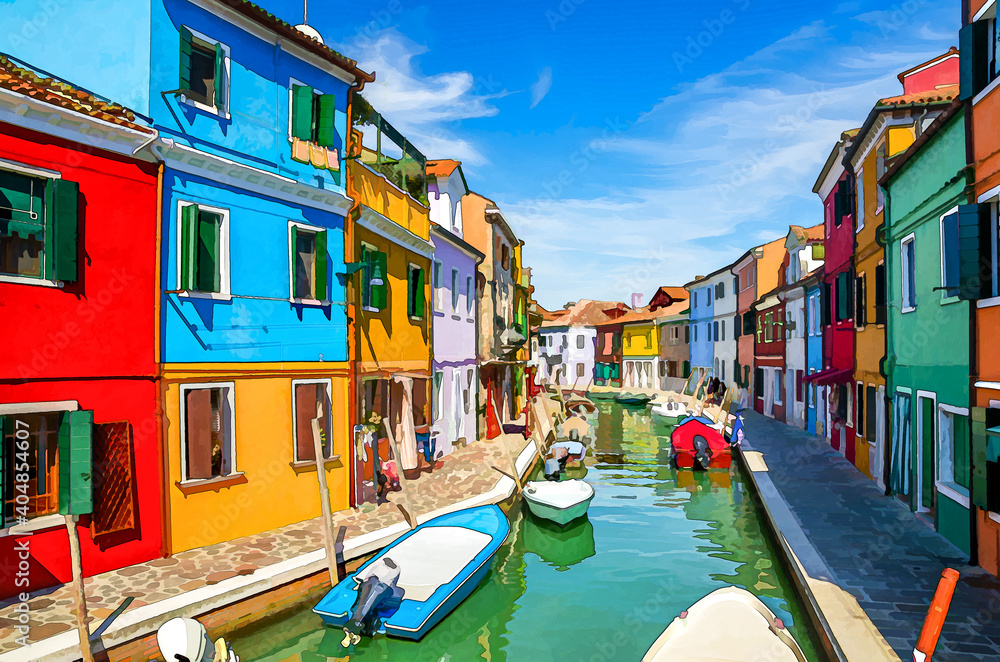 Watercolor drawing of Colorful houses of Burano island. Multicolored buildings on fondamenta embankment of narrow water canal with fishing boats, Italy