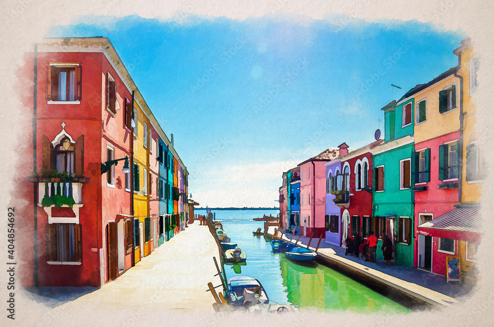 Watercolor drawing of Colorful houses of Burano island. Multicolored buildings on fondamenta embankment of narrow water canal with fishing boats, Italy