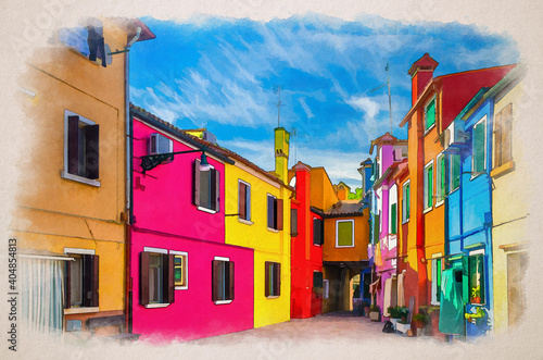 Watercolor drawing of Colorful houses of Burano island. Multicolored buildings in small yard, blue sky background in sunny summer day © Aliaksandr