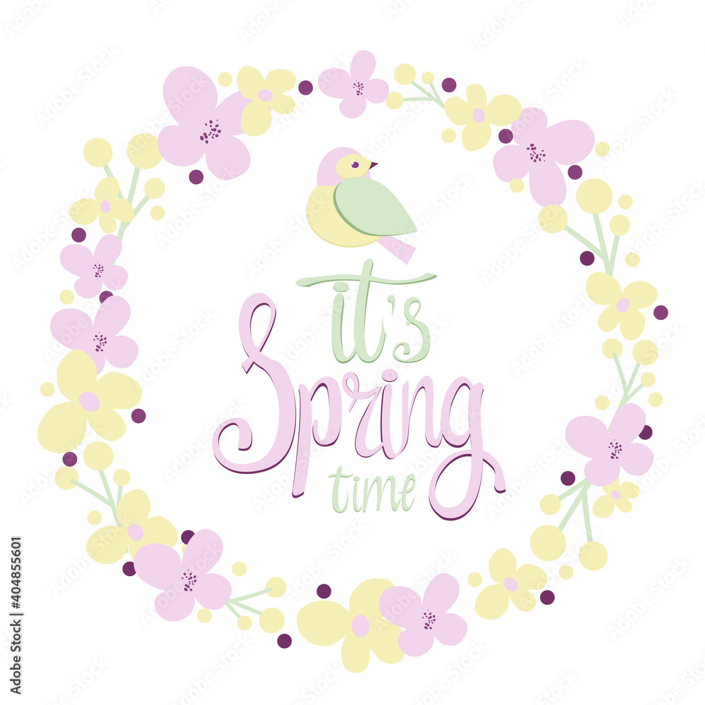 Spring greeting card with flowers frame and cute bird in pastel colors isolated on white background for cute postcard, logo, for invitations, business card. It's spring time lettering Spring greeting card with flowers frame and cute bird in pastel colors isolated on white background for cute postcard, logo, for invitations, business card. It's spring time lettering