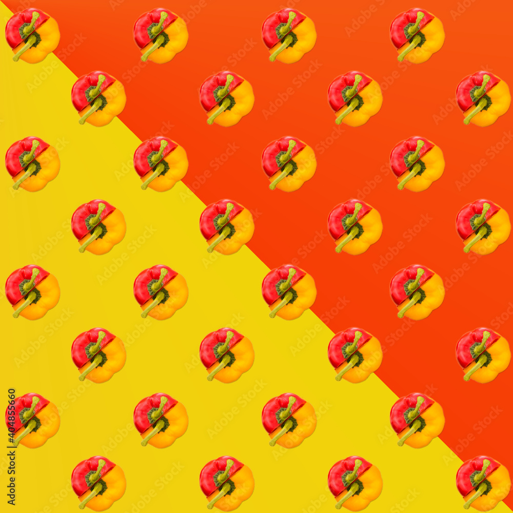 Bulgarian yellow and red pepper on a yellow-red gradient background, pattern, wallpaper, top view, flat layout, isolated Bulgarian yellow and red pepper on a yellow-red gradient background, pattern, wallpaper, top view, flat layout, isolated