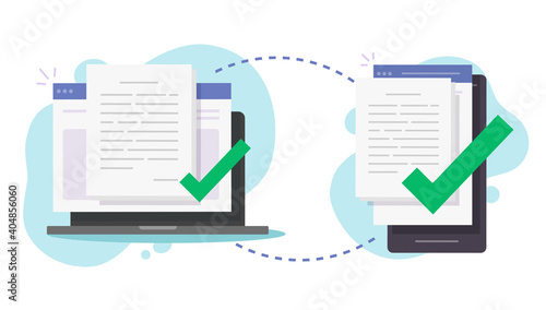 Share files wirelessly between computer pc and mobile cell phone vector, transfer digital documents via smartphone and laptop, send info data between connected devices via wifi photo