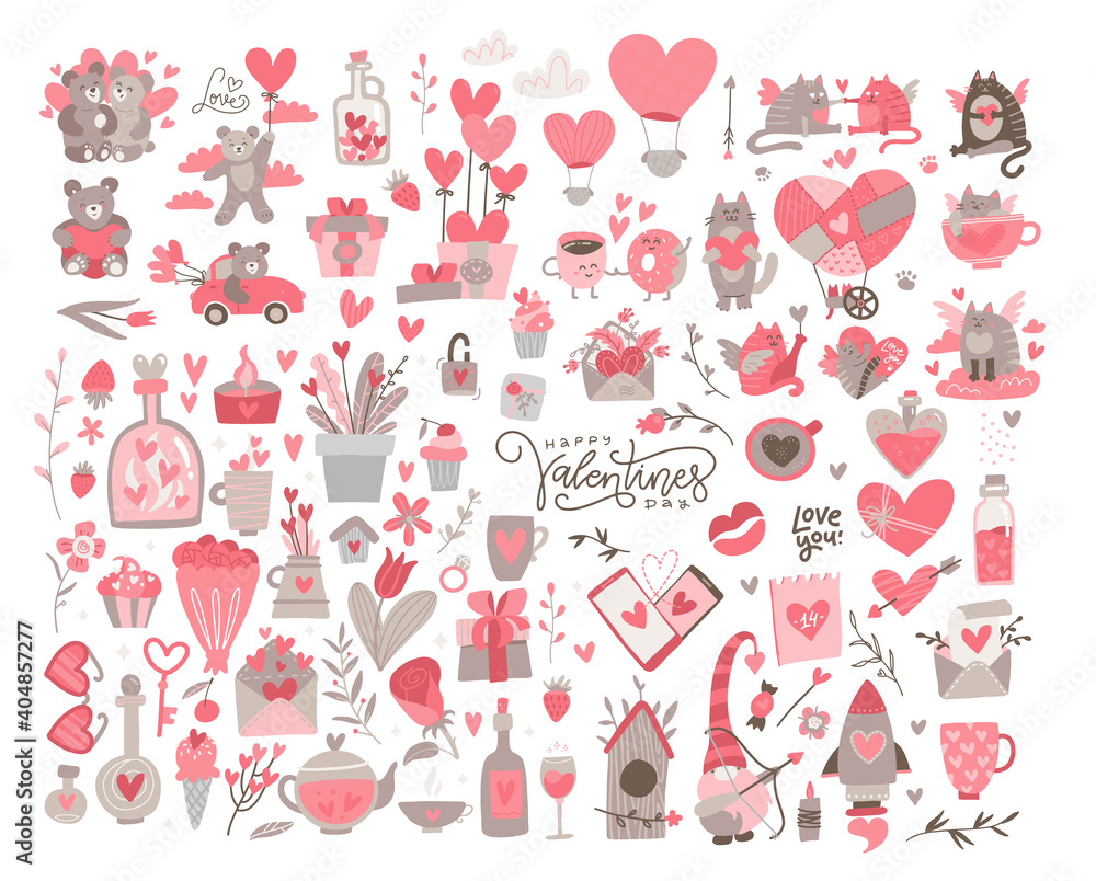 Huge Valentine set. Many various romantic objects. Saint Valentine's day big collection. Colored flat vector trendy illustration. All elements are isolated Huge Valentine set. Many various romantic objects. Saint Valentine's day big collection. Colored flat vector trendy illustration. All elements are isolated