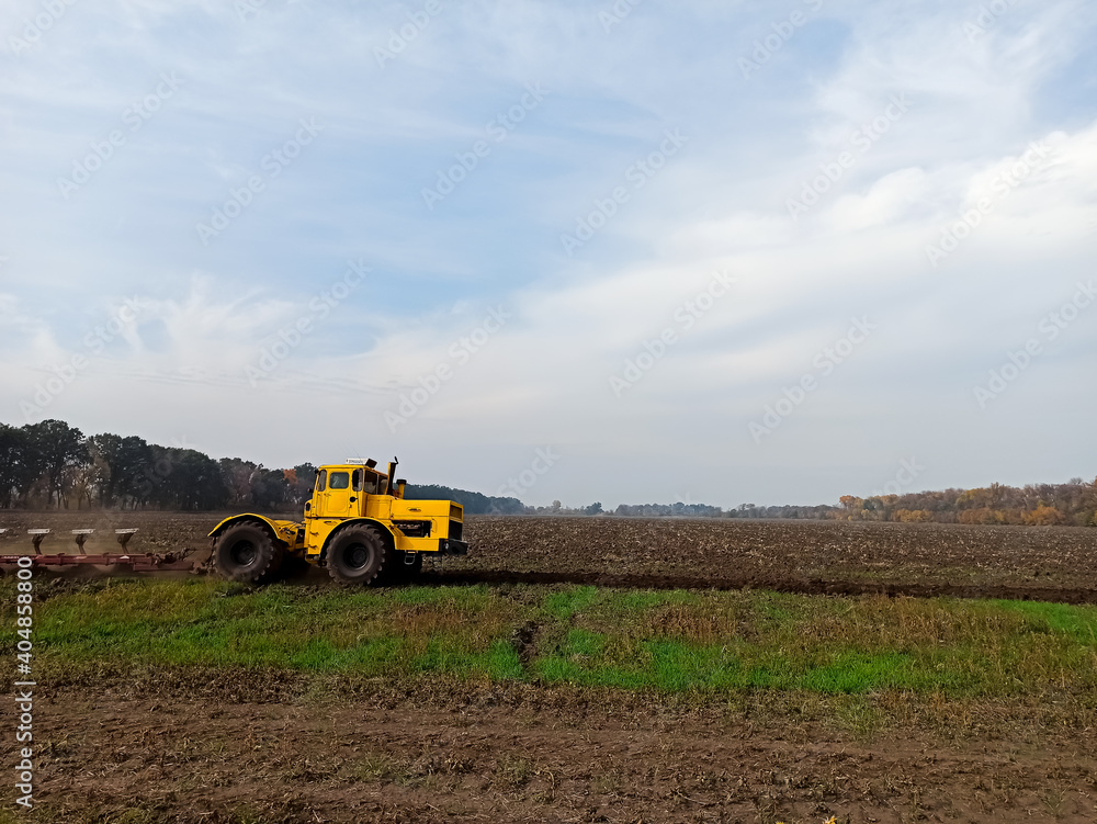 Fototapeta premium Agricultural yellow tractor, combine rides on the field, handles the ground, plough yells the ground in the fall.