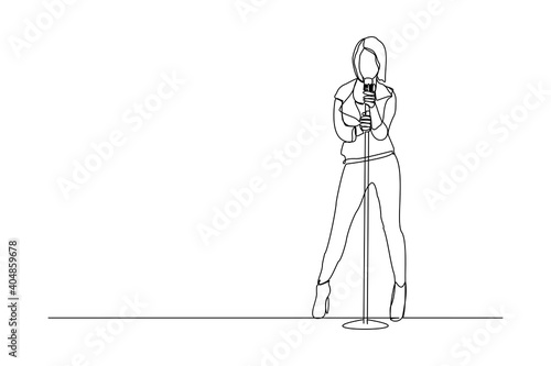 Continuous line drawing of young happy female pop singer holding microphone and singing on stage. Single one line art of musician artist performance concept design vector illustration