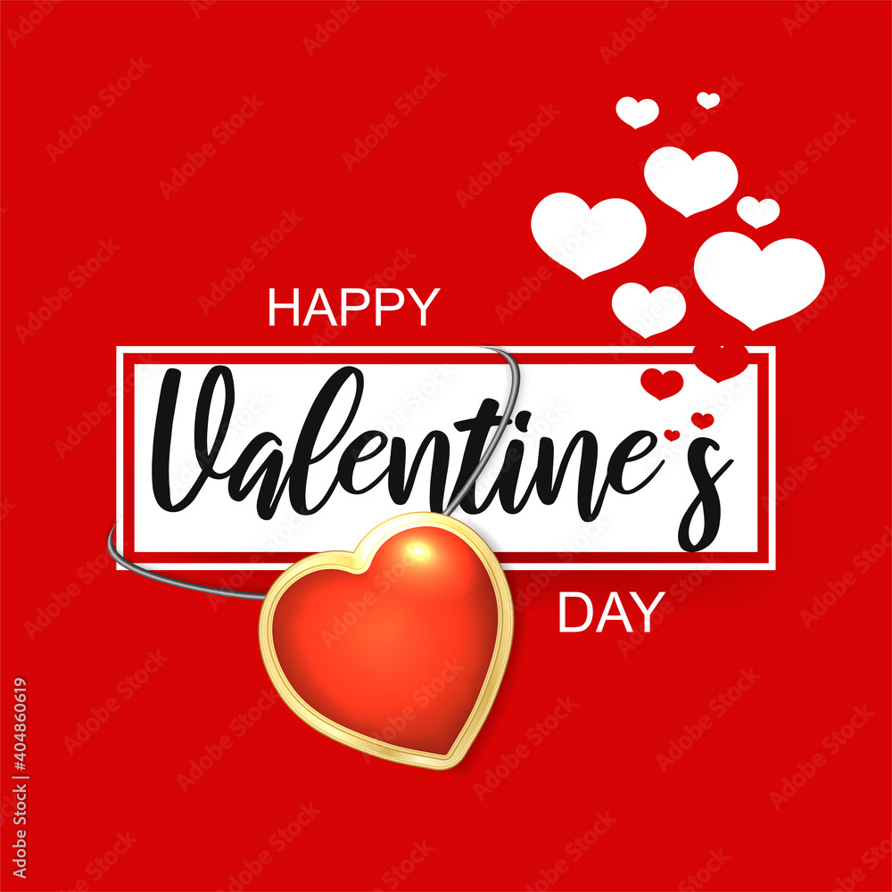 Happy St. Valentine's day hand drawn text and red 3d heart pendant on red. Postcard, greeting card, invitation, banner, placard, poster concept design template. Romantic quote. Vector illustration Happy St. Valentine's day hand drawn text and red 3d heart pendant on red. Postcard, greeting card, invitation, banner, placard, poster concept design template. Romantic quote. Vector illustration