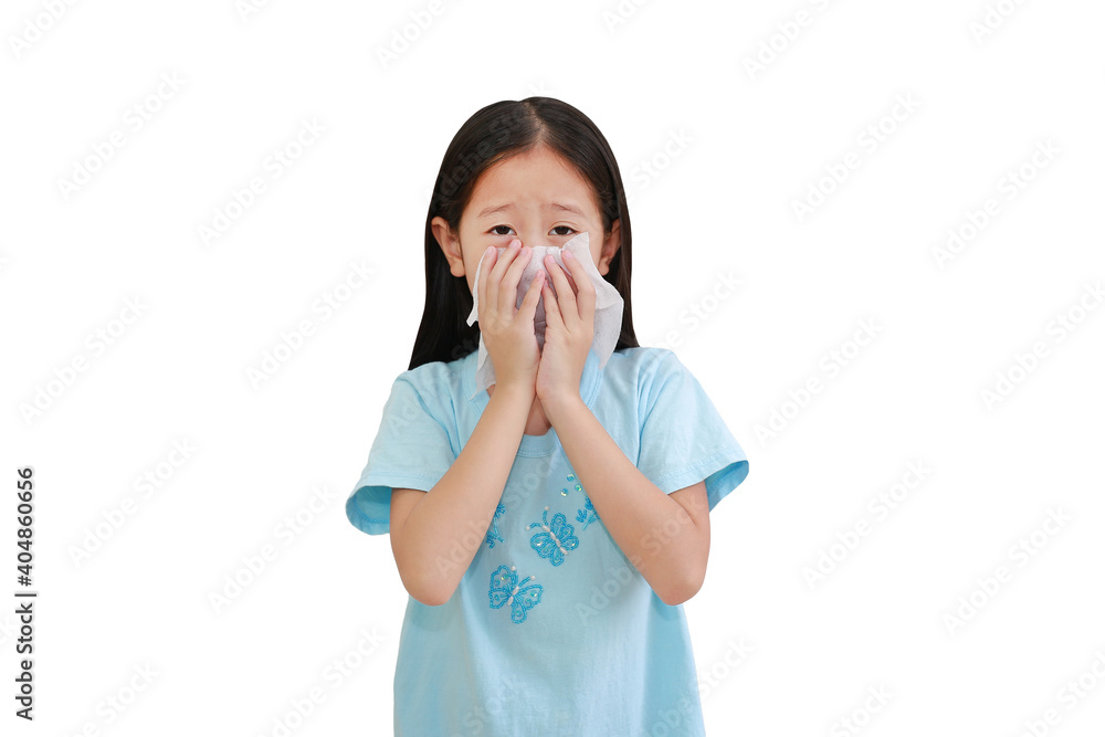 Portrait of asian little kid girl sick and sneeze with tissue paper on white background Portrait of asian little kid girl sick and sneeze with tissue paper on white background