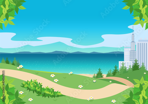 Summer cityscape with buildings and city park. Background vector illustration.