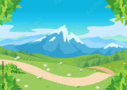 Summer countryside landscape with mountains. Travel and outdoor recreation. Background vector illustration.
