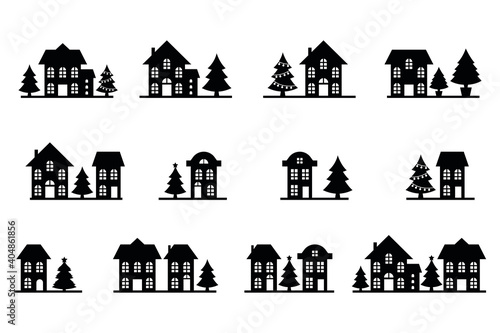 Buildings black and white wth trees, houses silhouette file