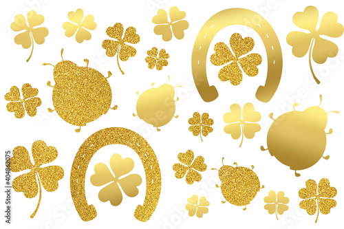 Good luck symbols set. Clip art in gold texture on white background