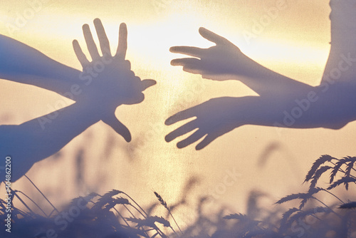 Fotografi Shadow of male and female hands, showing monsters, fun creatures shapes in front of pale yellow sky at sunset
