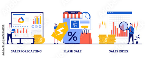 Sales forecasting and index, flash sale, special offer concept with tiny people. Revenue management vector illustration set. E-commerce shop promotion, profit analysis, retail income metaphor