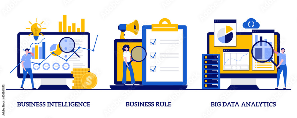 Foto Business Intelligence, business rule, big data analytics concept with tiny people