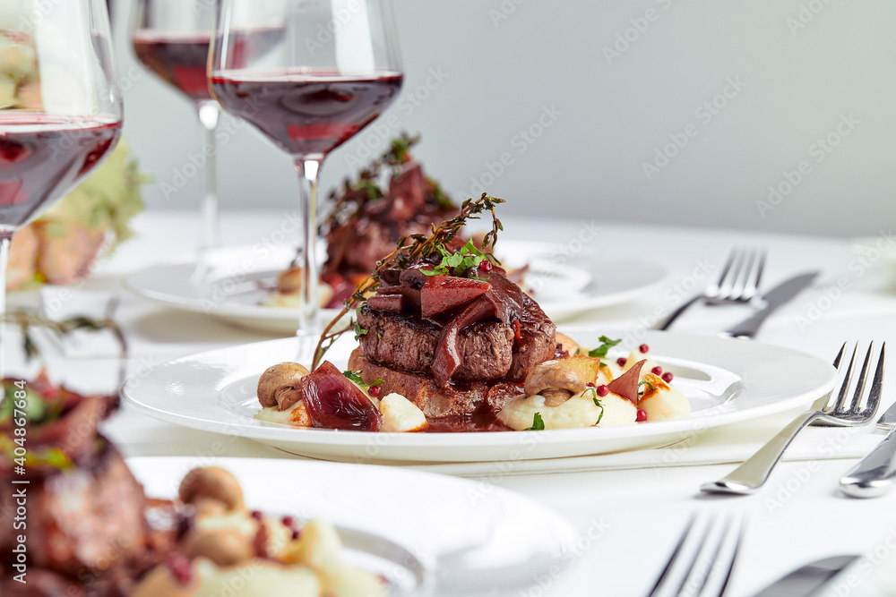 Gourmet appetizer: Beautifully decorated catering banquet foie gras with berries