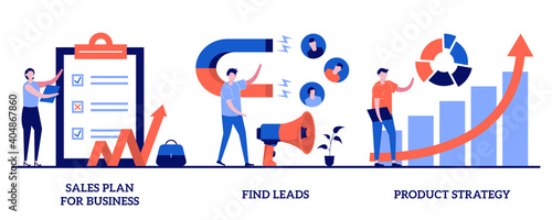 Sales plan for business, find leads, product strategy concept with tiny people. Marketing plan abstract vector illustration set. Budget growth, brand awareness, target group metaphor