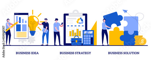 Business idea, strategy and solution concept with tiny people. Business plan abstract vector illustration set. Company achievement, problem solving, decision making, effective performance metaphor