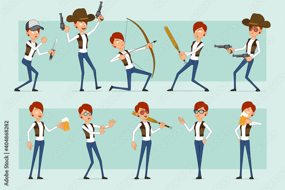 Cartoon flat funny redhead woman character in leather jacket and jeans. Girl drinking beer, shooting from pistol and bow. Ready for animation. Isolated on blue background. Vector set. Cartoon flat funny redhead woman character in leather jacket and jeans. Girl drinking beer, shooting from pistol and bow. Ready for animation. Isolated on blue background. Vector set.