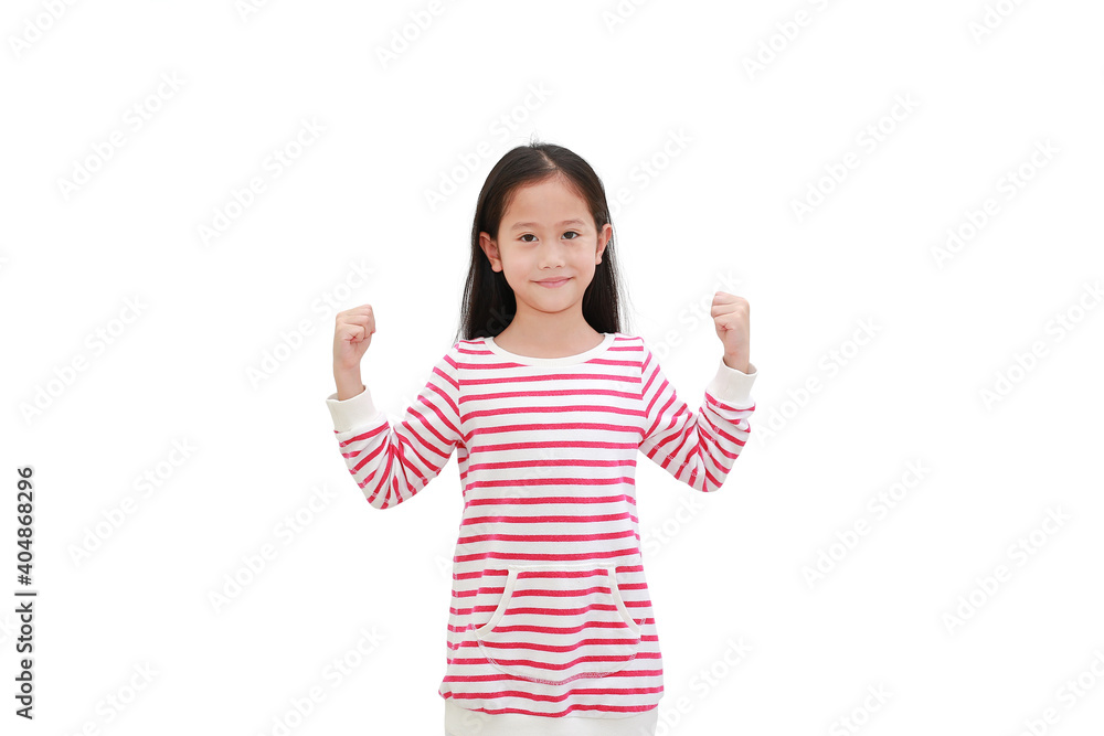 Portrait of happy child isolated on white background. Smiling asian little girl raising hands up and gesture strong. Good health concept Portrait of happy child isolated on white background. Smiling asian little girl raising hands up and gesture strong. Good health concept