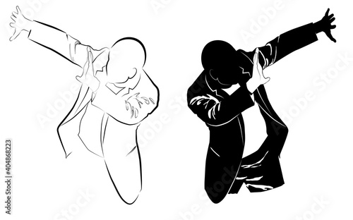 Silhouette of a man in a business suit defends himself with his hands from a threat