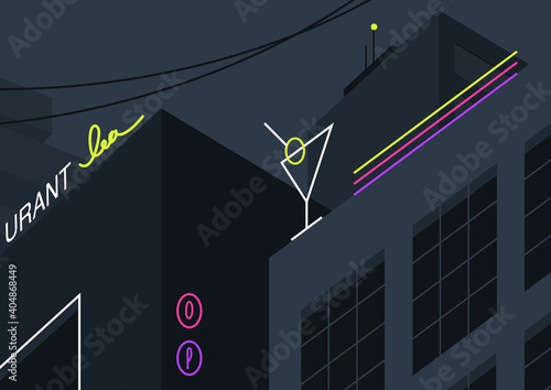 Night city view, neon signs on dark buildings, cafe, bars, and restaurants