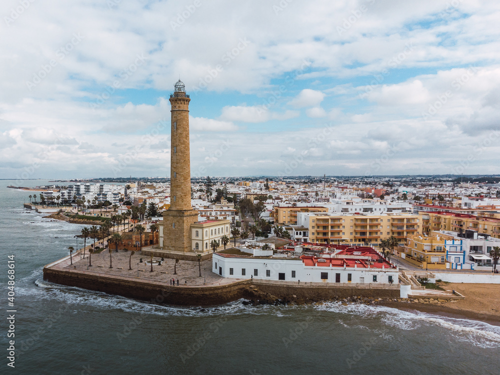 Panoramic view of the Chipiona lighthouse and the city from a drone view