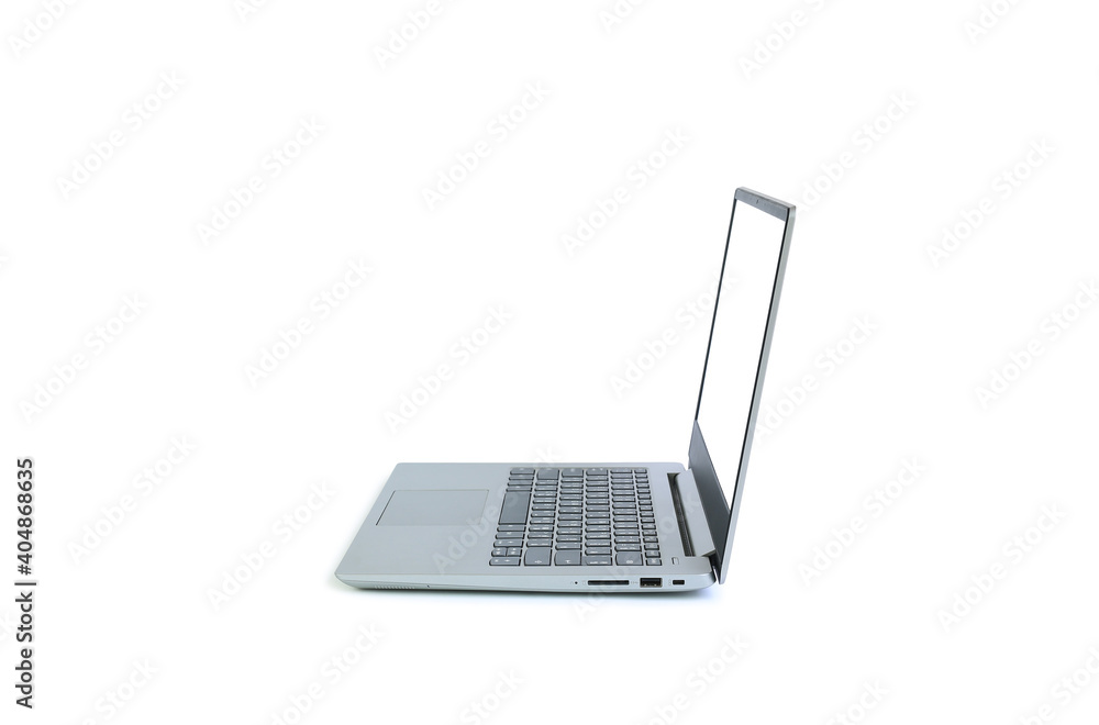 Laptop with blank white screen isolated on white background. Notebook computer with empty space. Side view with clipping path Laptop with blank white screen isolated on white background. Notebook computer with empty space. Side view with clipping path