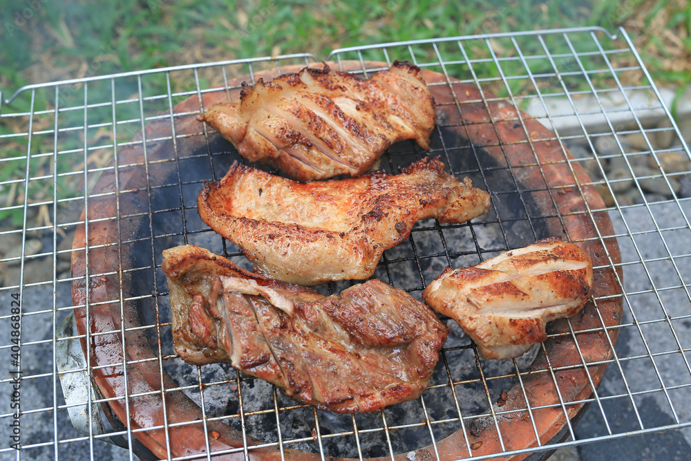 Pieces of barbecue over charcoal stove. Grilled tasty pork on the grill