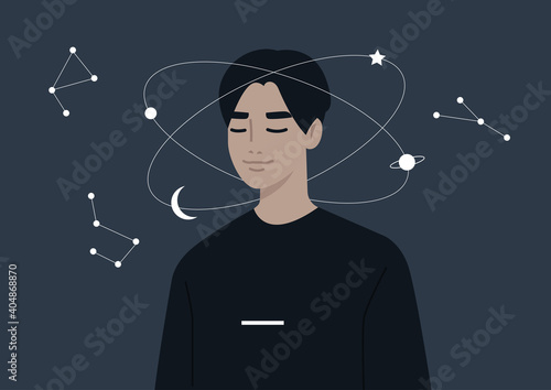 Young dreamy male Asian character imagining the universe spinning around their head, calm mind and meditation, esoteric knowledge